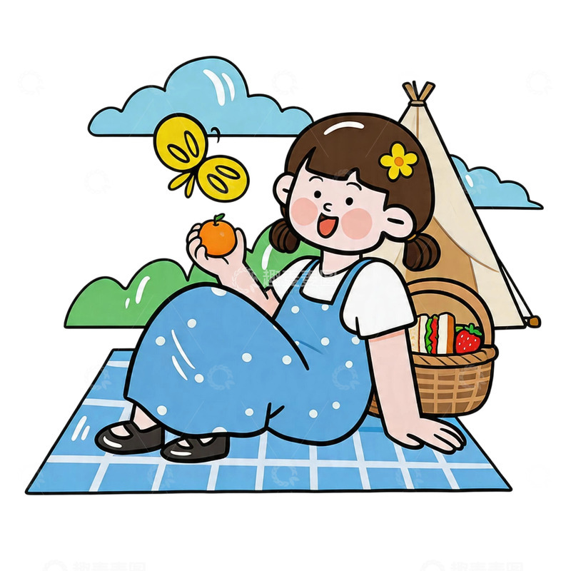 高清大图下载【趣麦麦图】-卡通野餐户外露营小女孩插画元素