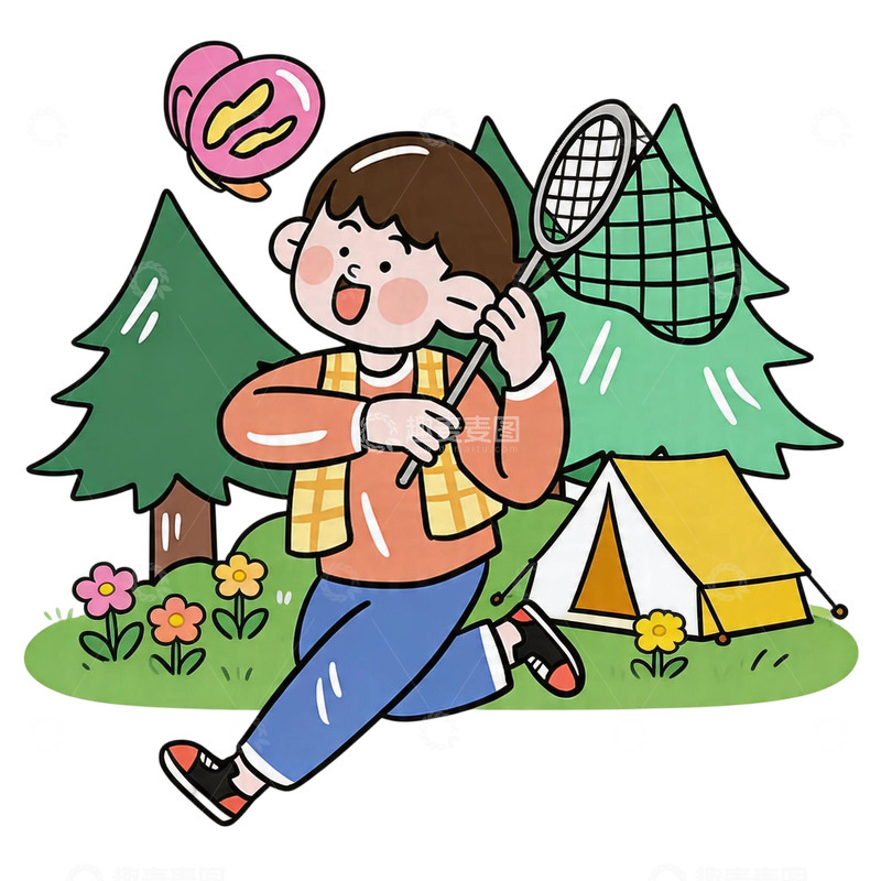 高清大图下载【趣麦麦图】卡通露营玩耍场景插画免扣素材元素
