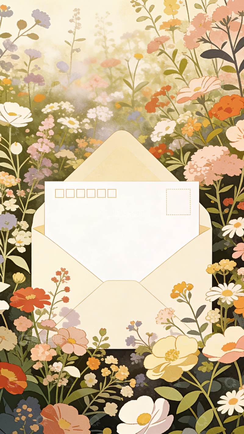 高清大图下载【趣麦麦图】花海信封插画素材