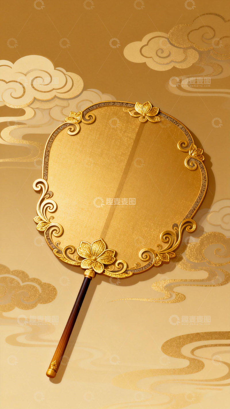 高清大图下载【趣麦麦图】古典金色团扇装饰图案设计