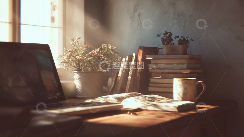 高清大图下载【趣麦麦图】阳光暖照书房的静谧角落