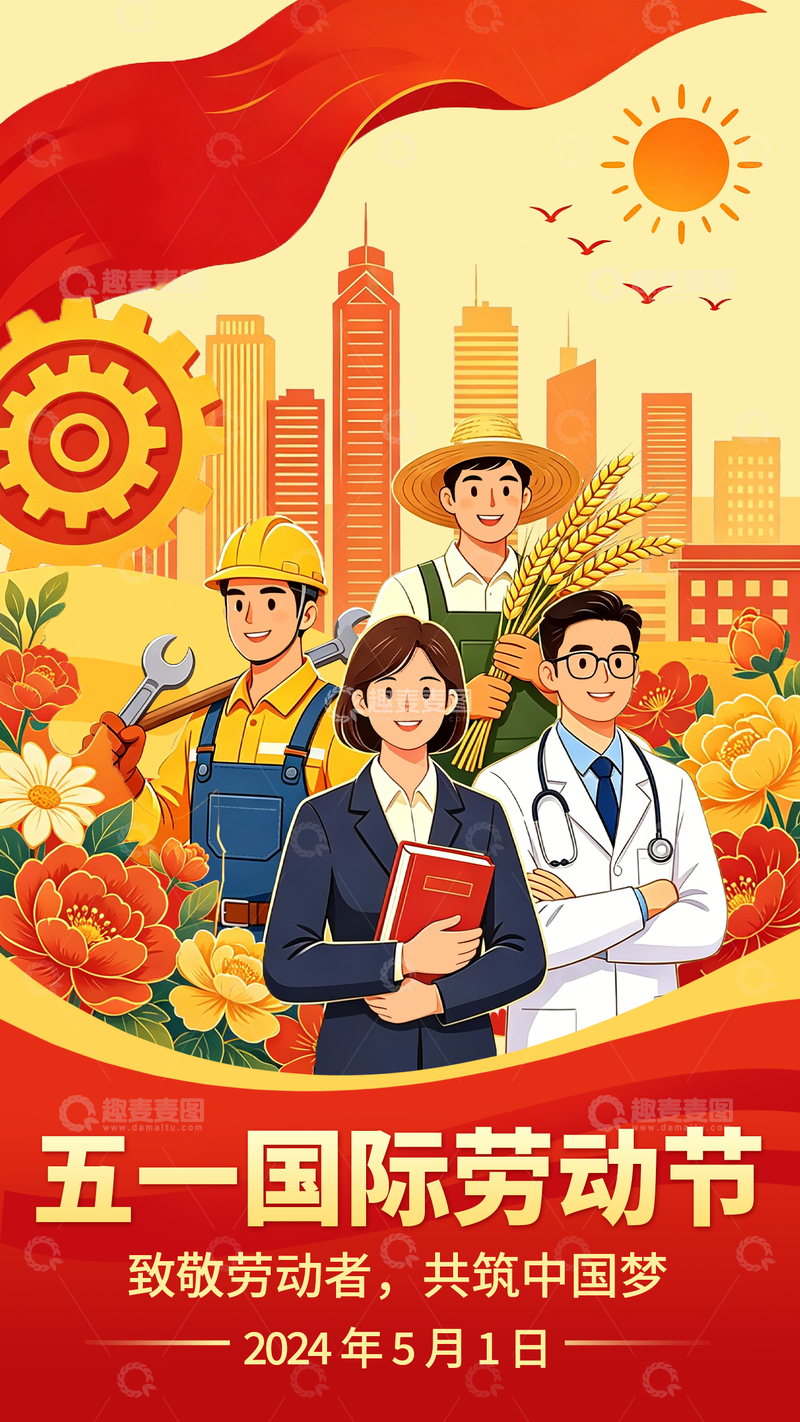 源文件下载【趣麦麦图】插画风格五一劳动节庆祝海报设计