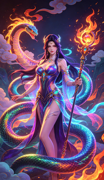 东方神话幻想女子与蛇插画壁纸装饰画