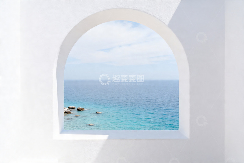 高清大图下载【趣麦麦图】ins极简纯白建筑拱窗海景9