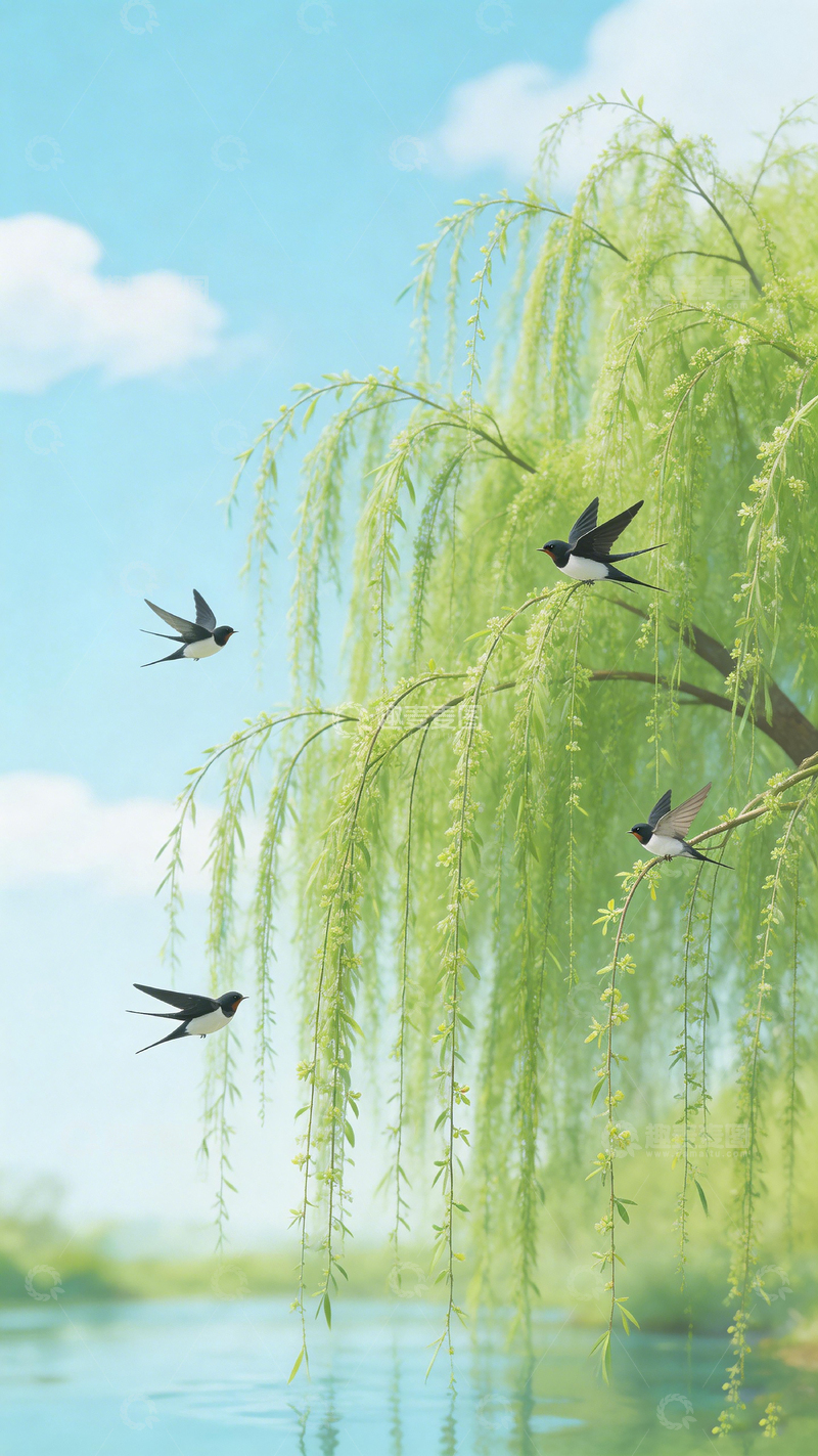 高清大图下载【趣麦麦图】春日柳燕风景画