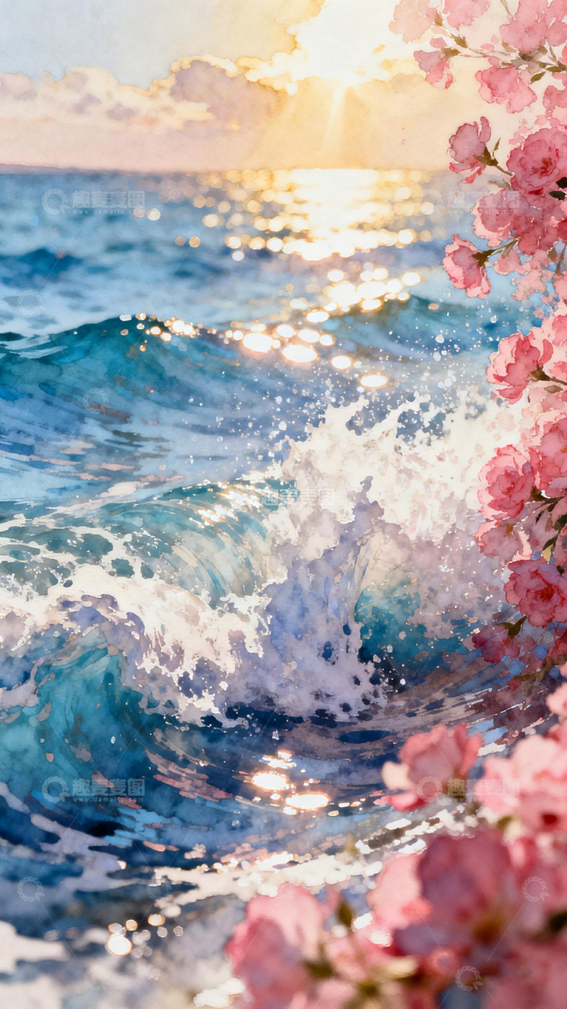 高清大图下载【趣麦麦图】水彩海浪樱花美景图