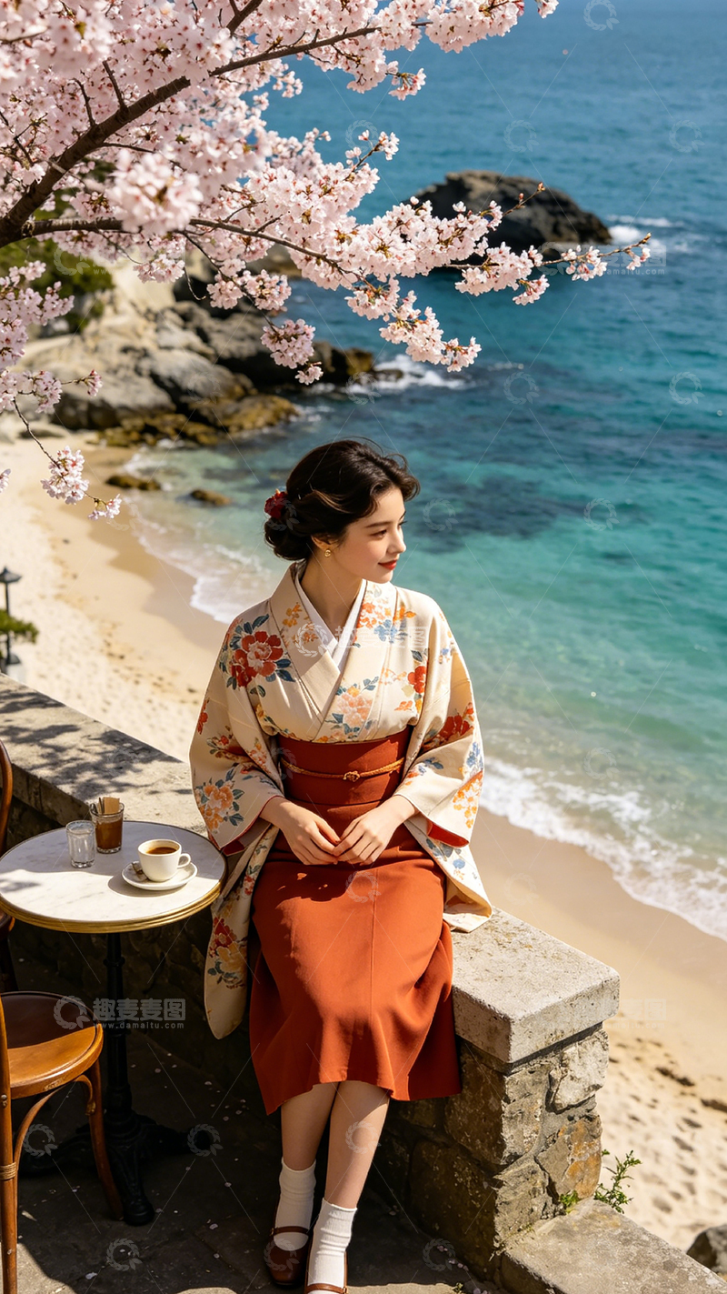 高清大图下载【趣麦麦图】和服美女海边赏景