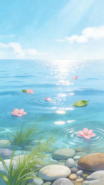 水彩风格湖面花朵插画