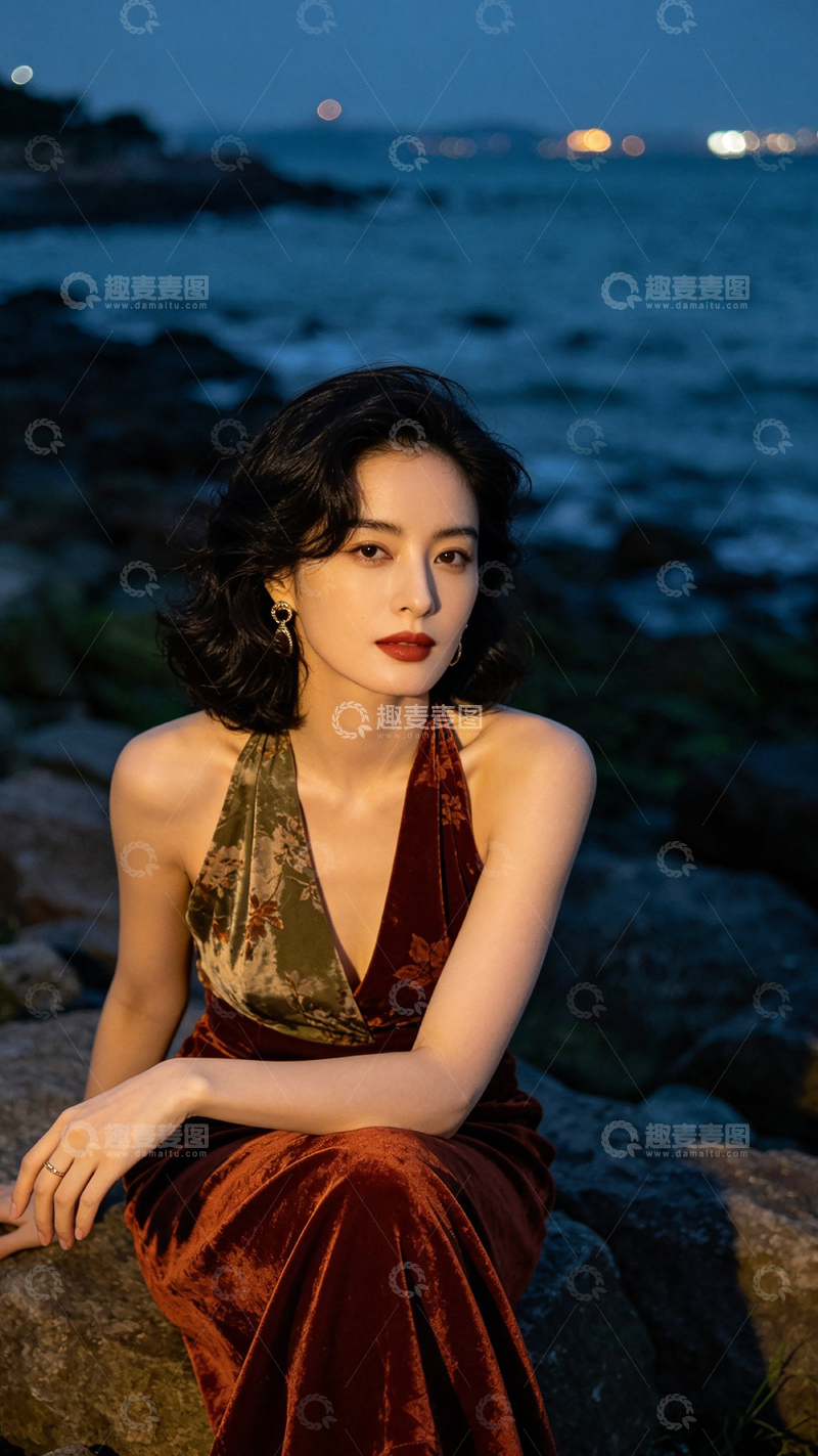 高清大图下载【趣麦麦图】海边夜景优雅女性写真
