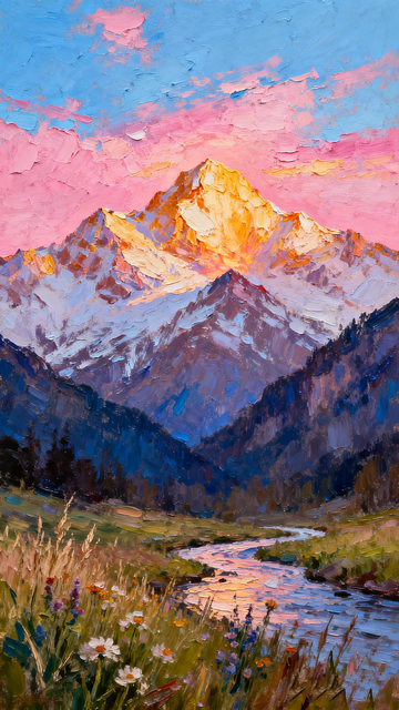 油画风景雪山溪流