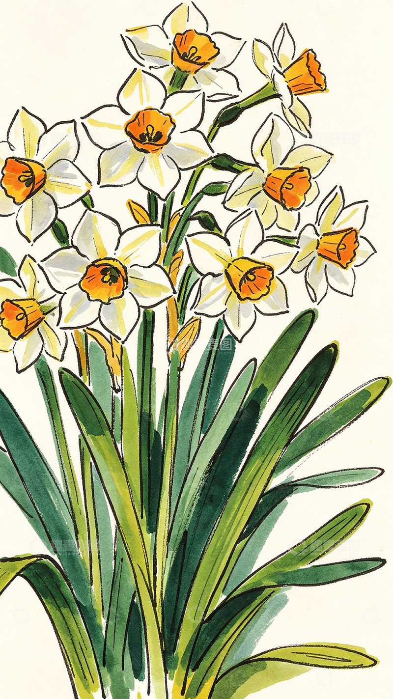 高清大图下载【趣麦麦图】水彩水仙花插画