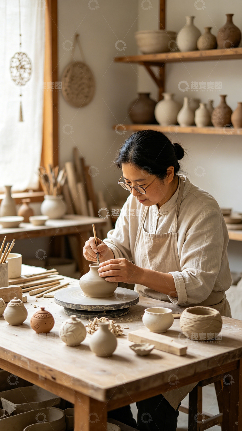 高清大图下载【趣麦麦图】【标题】陶艺工作室专注制作场景