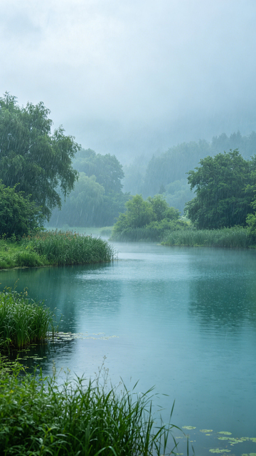 雨雾缭绕湖光山色