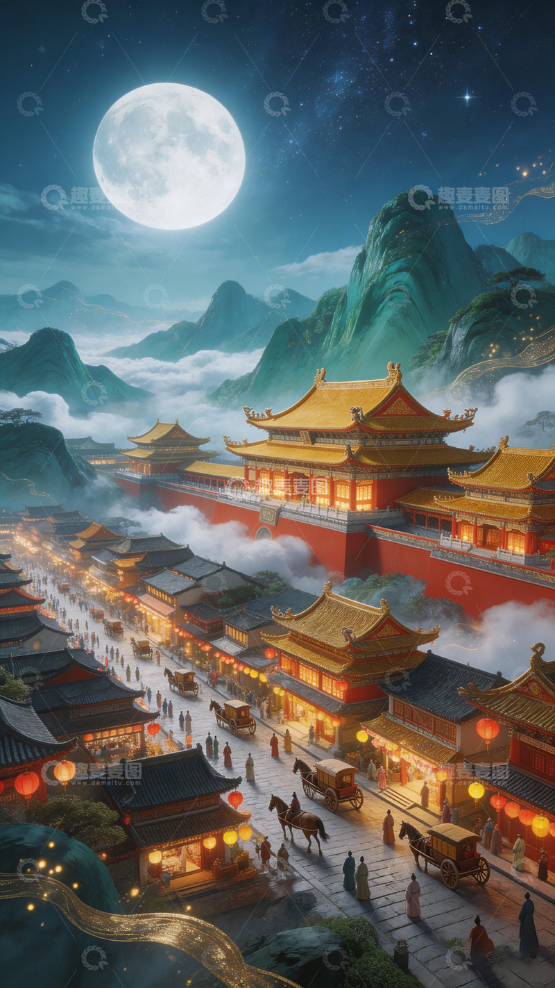 高清大图下载【趣麦麦图】古风夜景城市场景插画