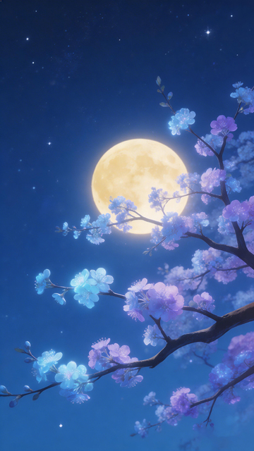 动漫风满月樱花夜景壁纸