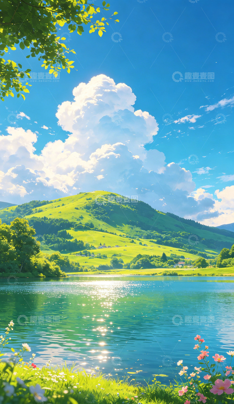 高清大图下载【趣麦麦图】动漫风景山水湖泊插画