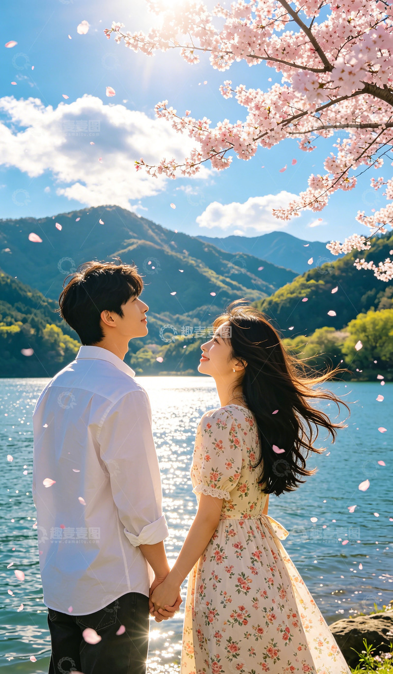 高清大图下载【趣麦麦图】浪漫湖畔樱花情侣写真