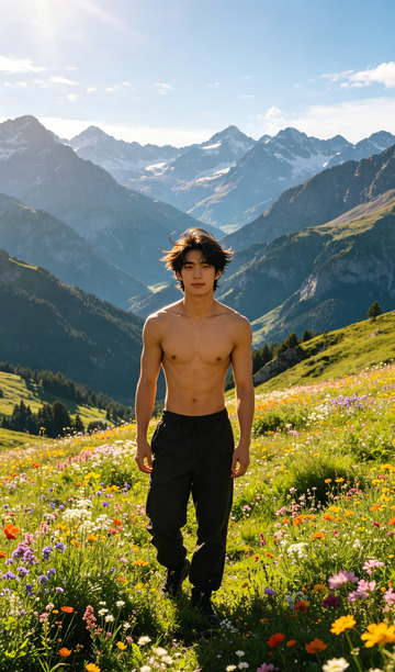 山野花丛年轻男子写真