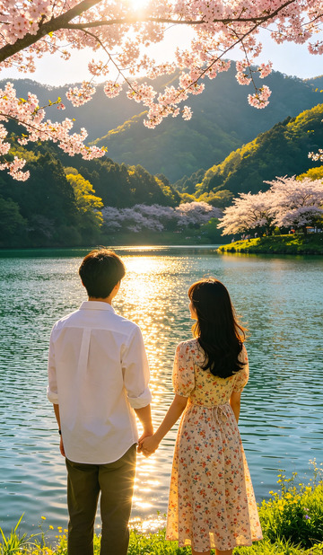浪漫湖边樱花恋风景摄影图片