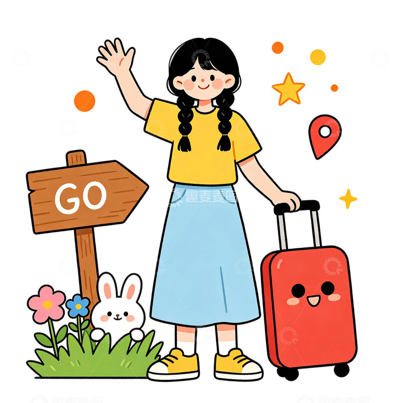 高清大图下载【趣麦麦图】卡通旅行少女出游插画免扣元素