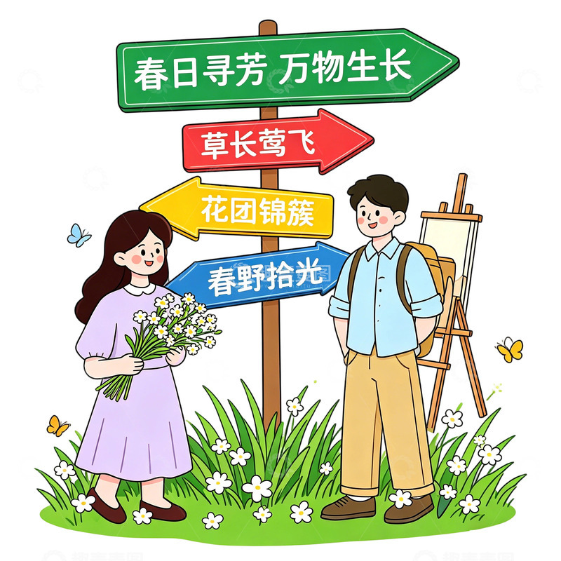 高清大图下载【趣麦麦图】春日踏青情侣免扣插画元素素材