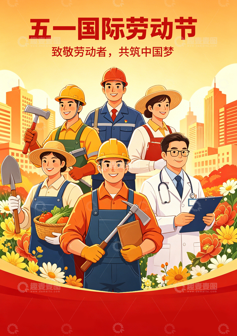 源文件下载【趣麦麦图】五一节庆工人插画宣传海报