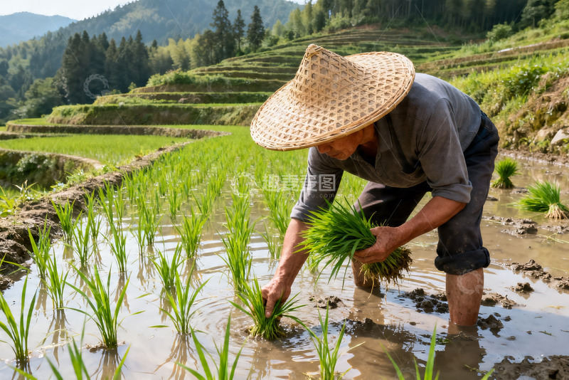 高清大图下载【趣麦麦图】水田斗笠农夫手持稻秧插秧特写2