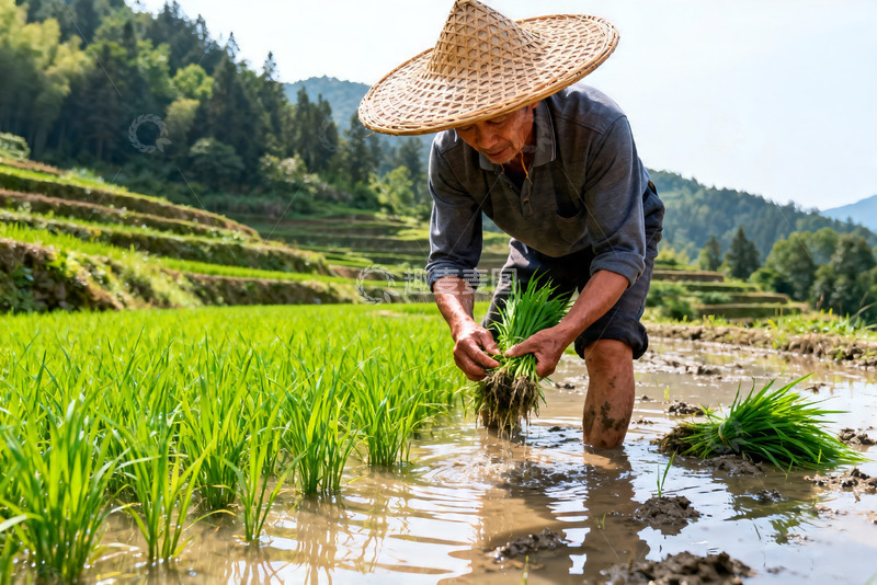 高清大图下载【趣麦麦图】-水田斗笠农夫手持稻秧插秧特写
