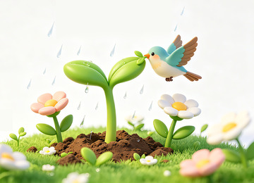 卡通春雨花鸟插画场景