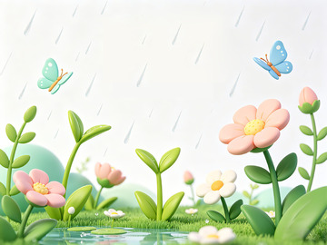 卡通春雨花卉风景插画