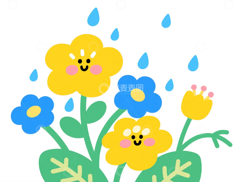 高清大图下载【趣麦麦图】卡通花朵雨滴插画