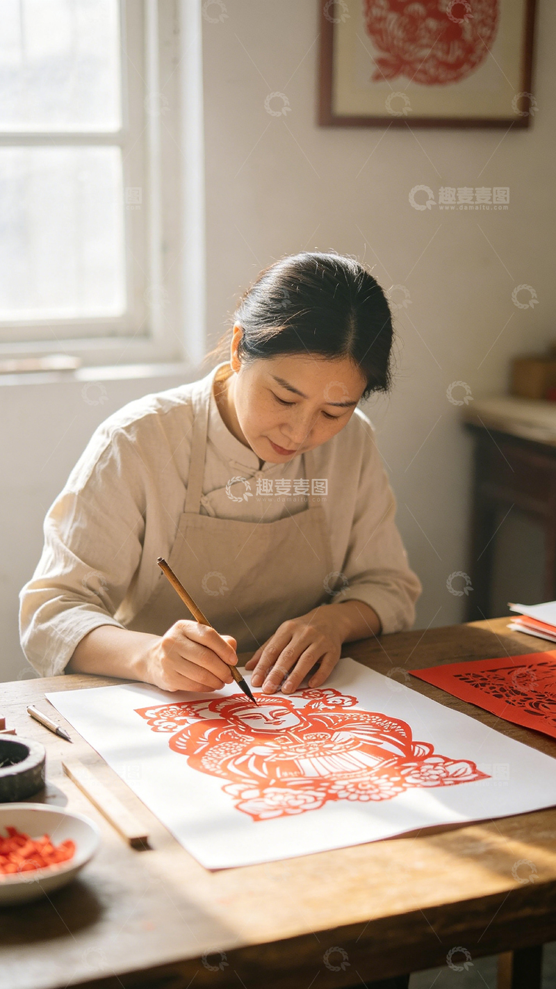 高清大图下载【趣麦麦图】-传统剪纸艺术创作现场