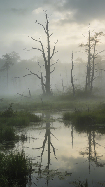 湿地晨雾枯树倒影