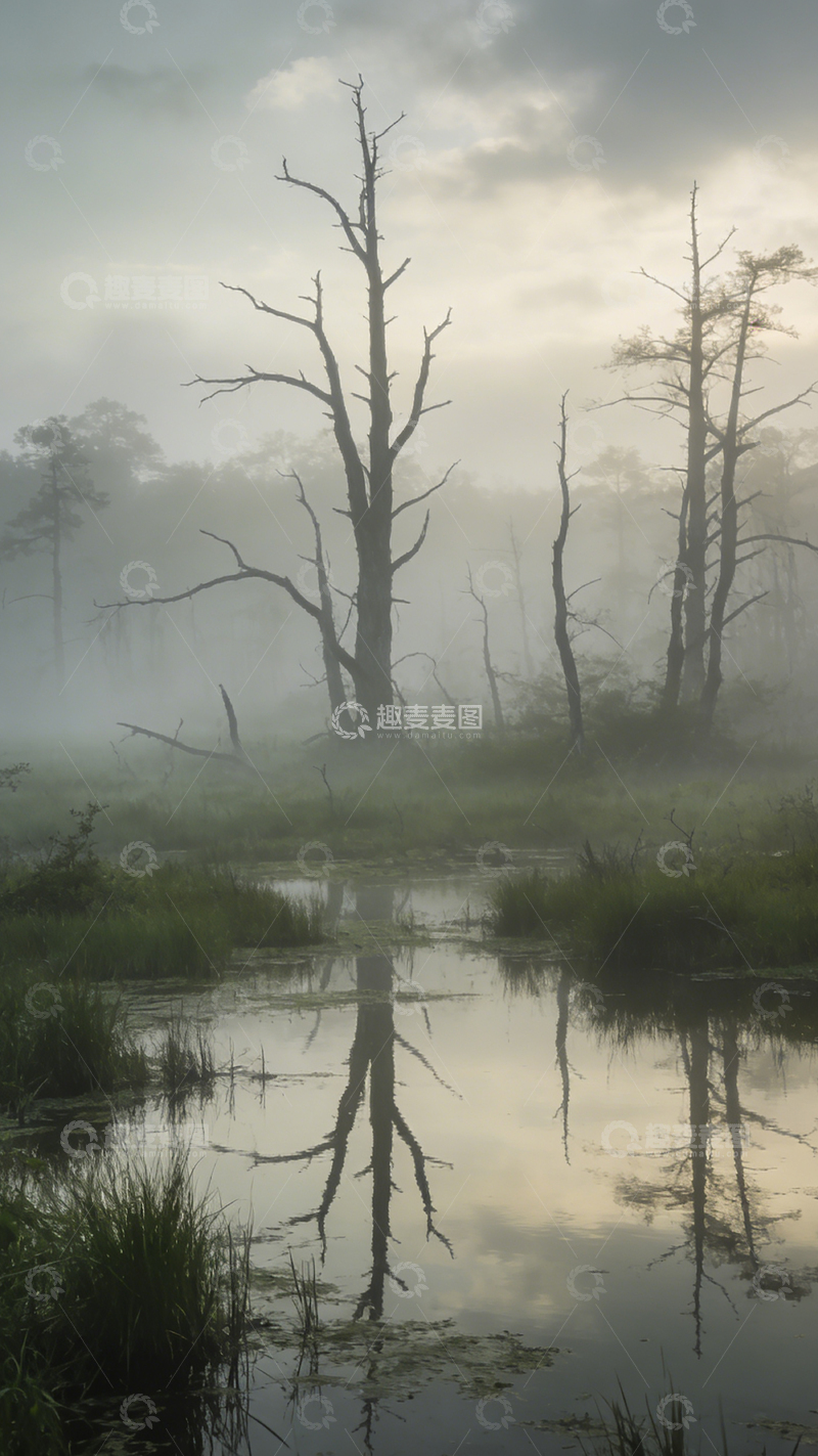 高清大图下载【趣麦麦图】-湿地晨雾枯树倒影
