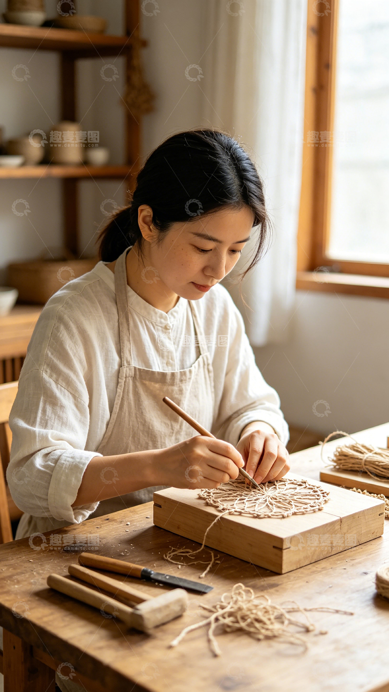 高清大图下载【趣麦麦图】-匠心独运女匠编织木盒