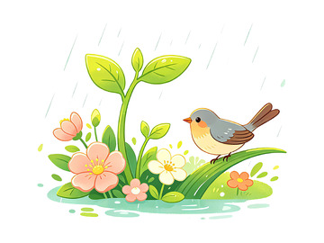 春雨小花小鸟卡通插画