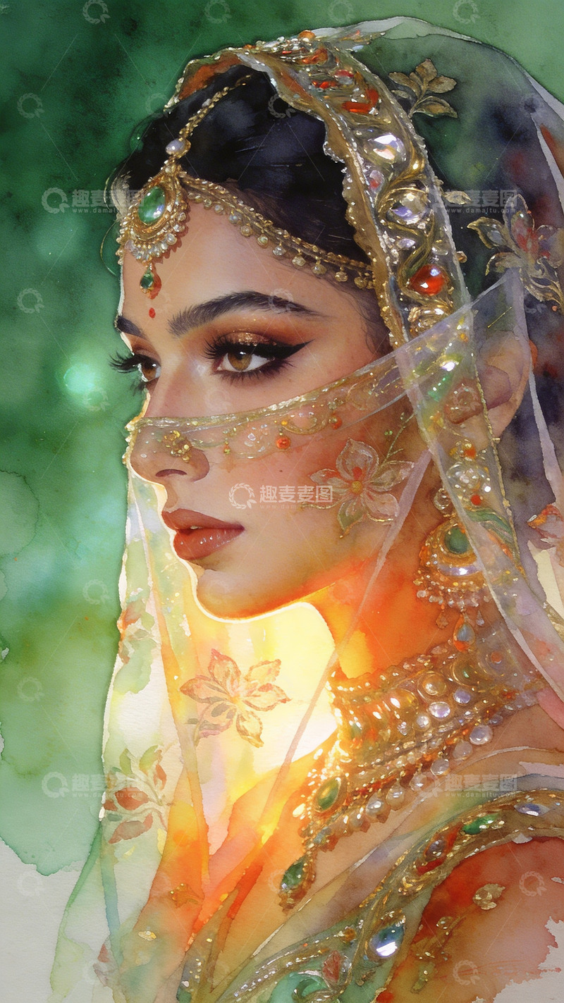 高清大图下载【趣麦麦图】写实水彩画穿纱丽的印度美人2
