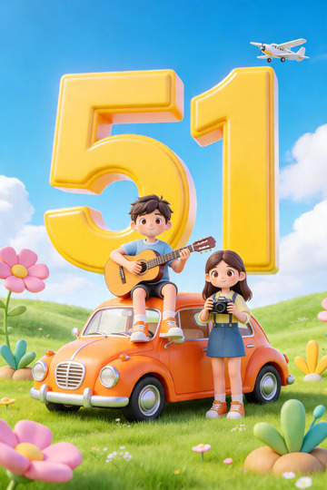 3d卡通风格五一踏青海报2