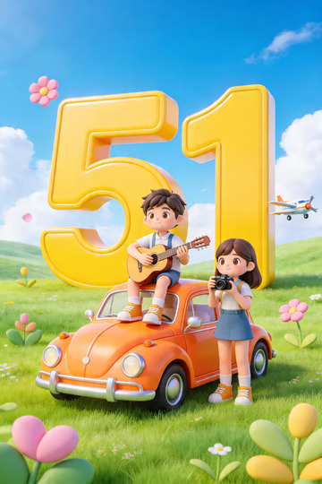 3d卡通风格五一踏青海报3