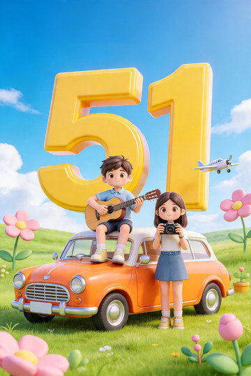 3d卡通风格五一踏青海报1