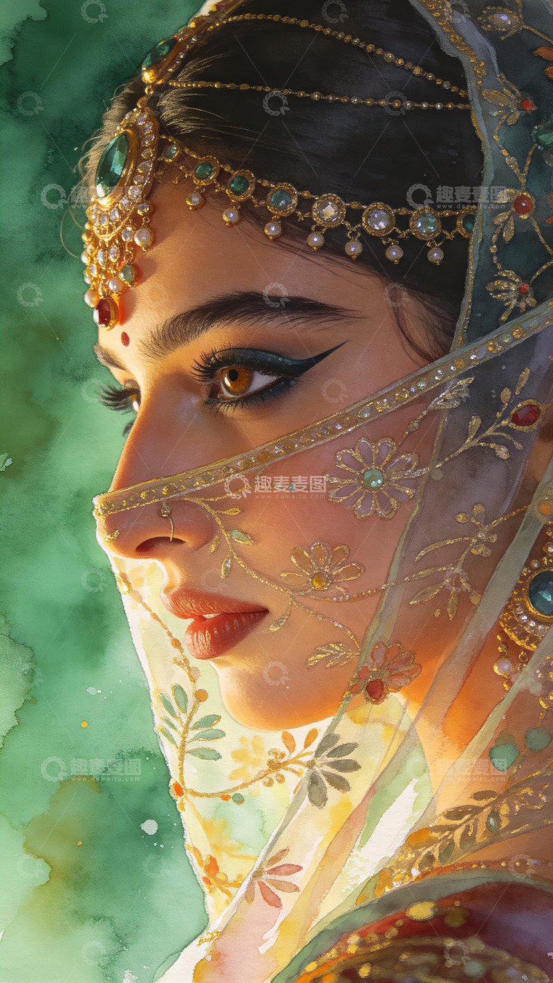 高清大图下载【趣麦麦图】写实水彩画穿纱丽的印度美人3