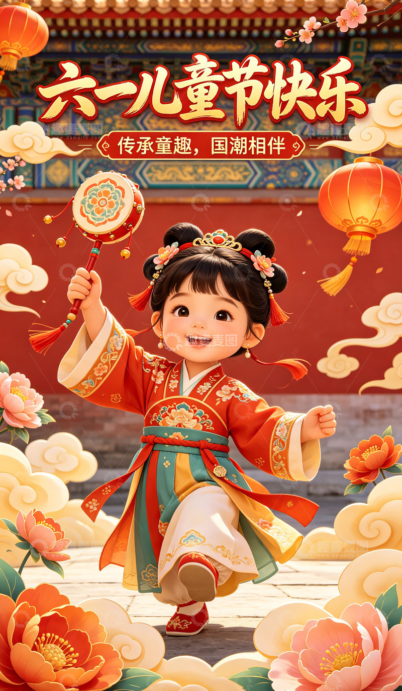 高清大图下载【趣麦麦图】国潮风儿童节喜庆插画