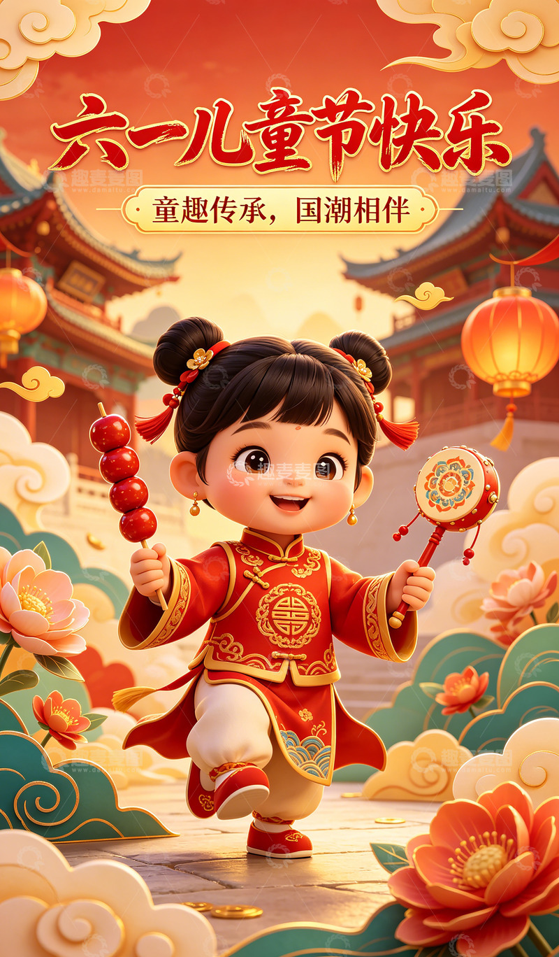 高清大图下载【趣麦麦图】国潮风儿童节欢乐插画