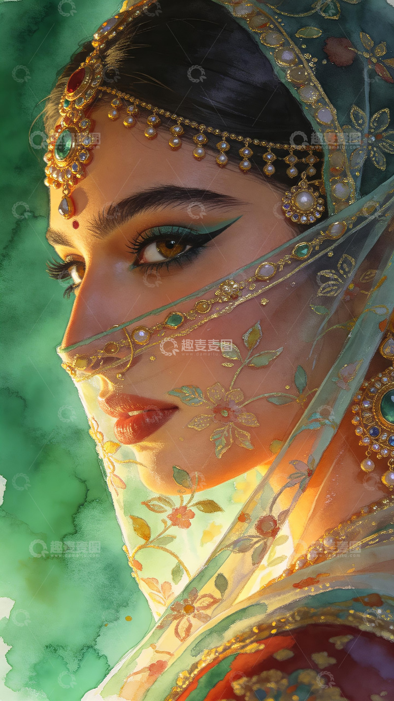 高清大图下载【趣麦麦图】写实水彩画穿纱丽的印度美人4
