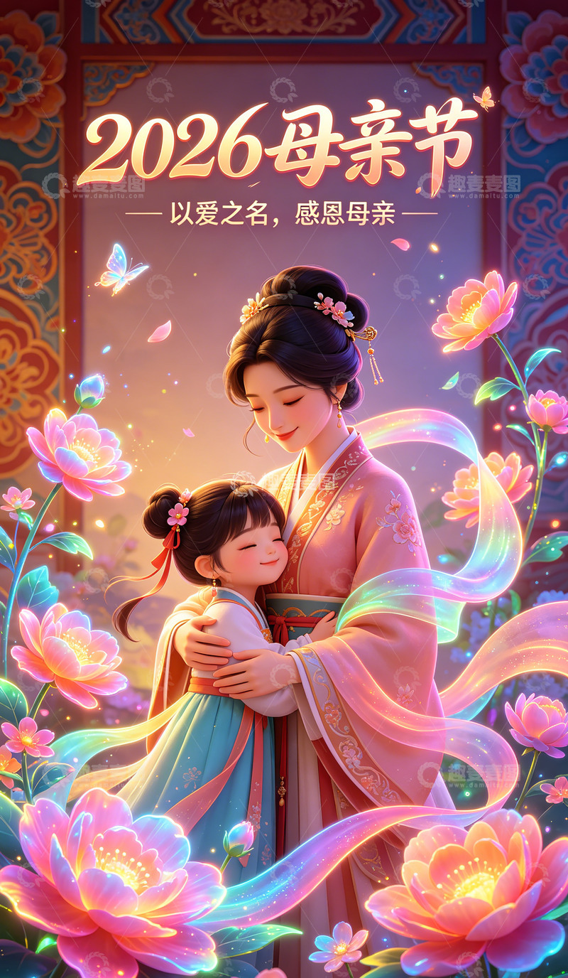 高清大图下载【趣麦麦图】古风母亲节母女插画海报