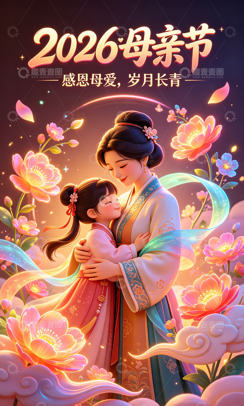 高清大图下载【趣麦麦图】古风母亲节母女插画海报