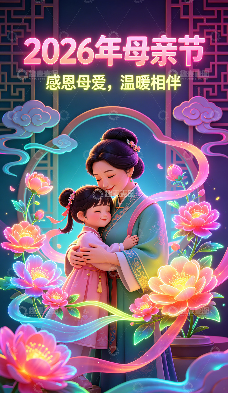 高清大图下载【趣麦麦图】霓虹灯母亲节母子插画设计素材