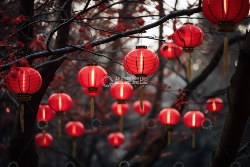 高清大图下载【趣麦麦图】树枝上挂着的红色小灯笼