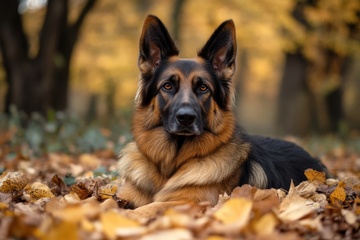 趴在森林里的一只狼狗