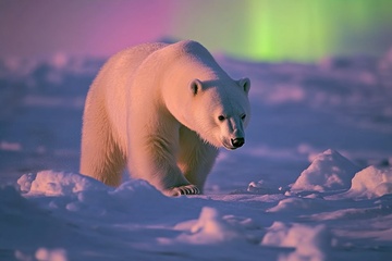 北极冰川上行走的白熊